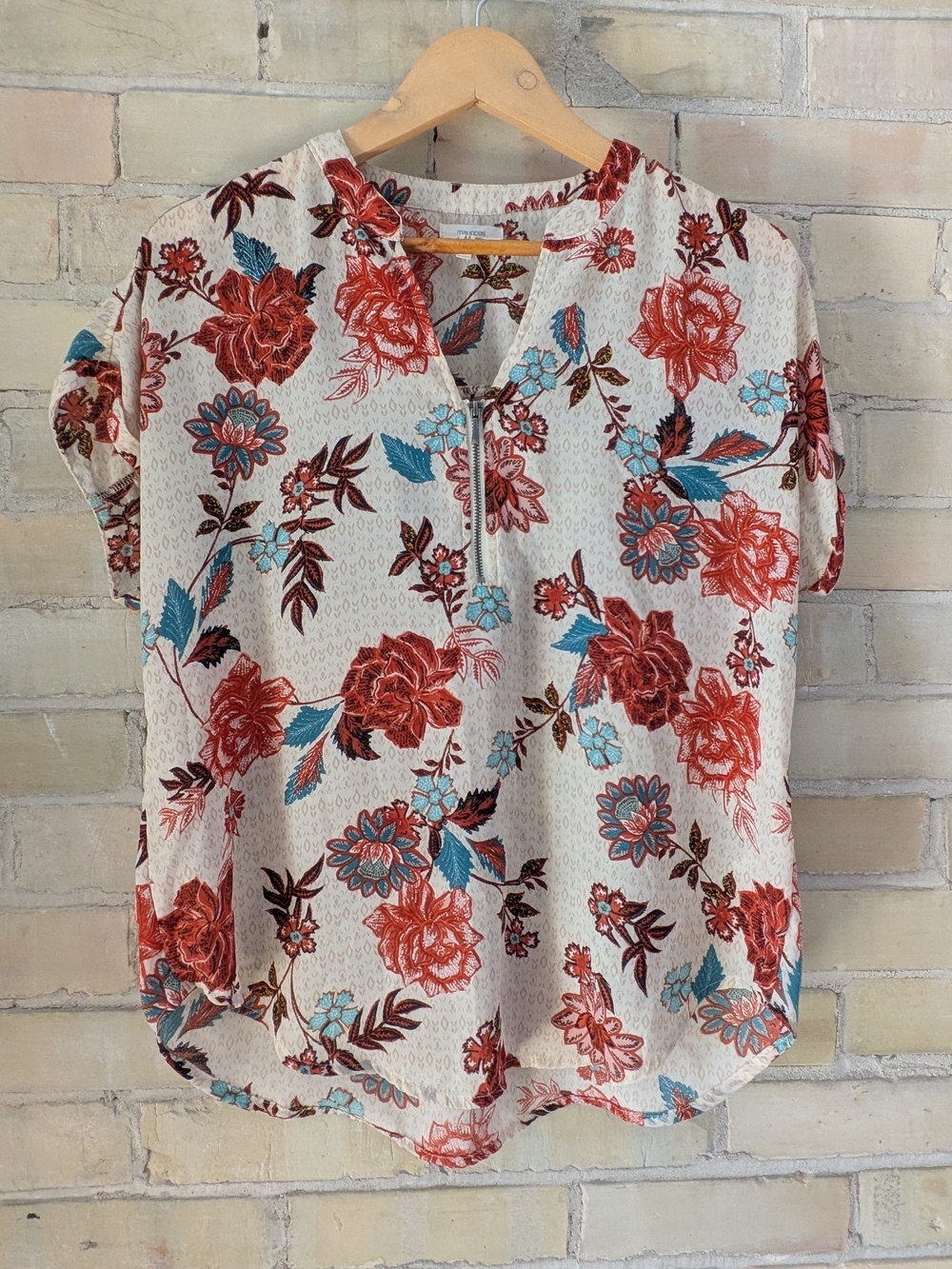 Maurices Cream Floral Zip-Front Smock Top with Red and Teal Accents